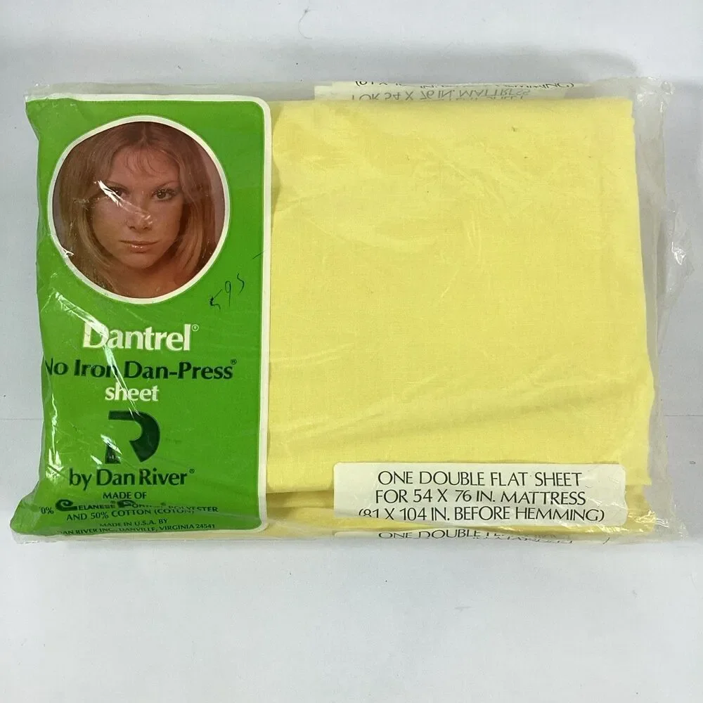 Vtg Dantrel Yellow Double Sheet Set Flat Fitted 2 Cases New Old Stock Dan River